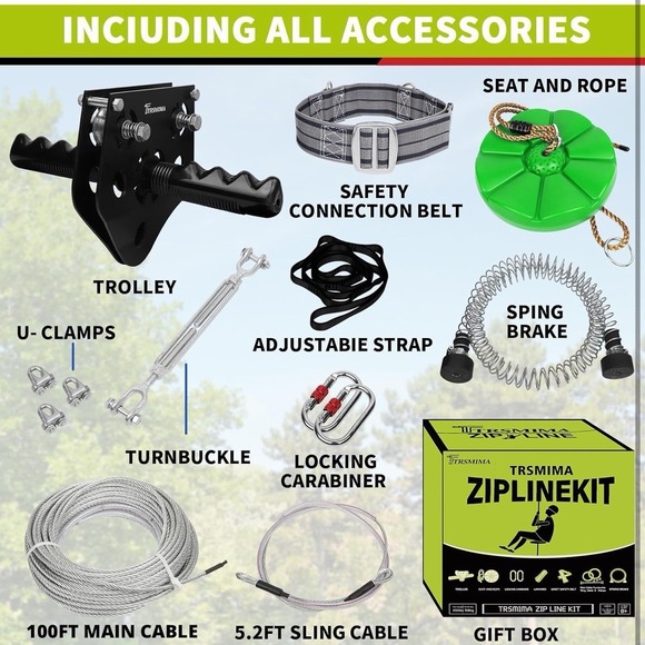 76FT Zipline for Backyard Kids and Adults Up to 350 lbs Zip Line Trolley Kit - Picture 6 of 9